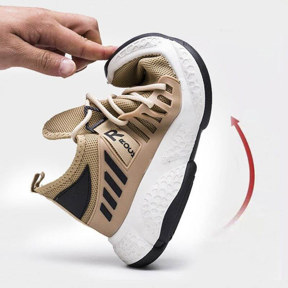 Men's breathable mesh sports sneakers with flexible EVA sole in beige and black.