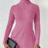 Women's pink turtleneck pullover sweater in velvet fabric, regular fit, mid-length design.