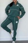 Women's hoodless pullover sweatsuit set in teal with stylish stripes and pockets, perfect for cozy lounge wear.