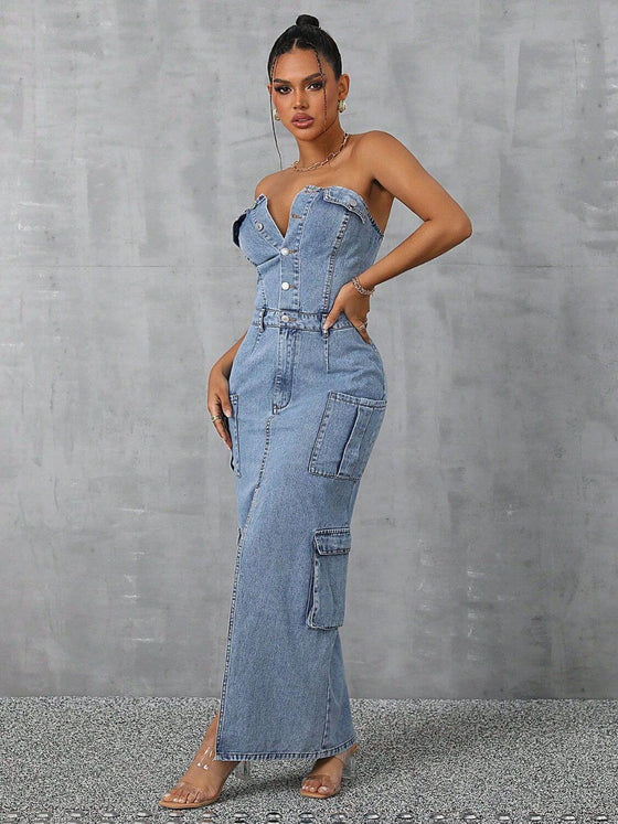 Slit half button tube denim dress featuring a stylish slit, button details, and convenient pockets, perfect for any occasion.