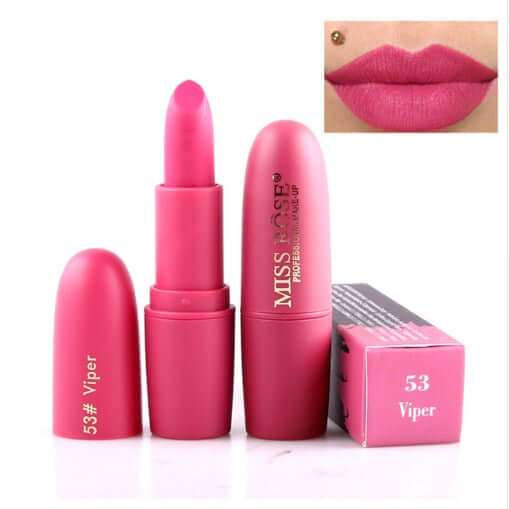 Lipstick matte moisturizing, pink shade, long-lasting finish.