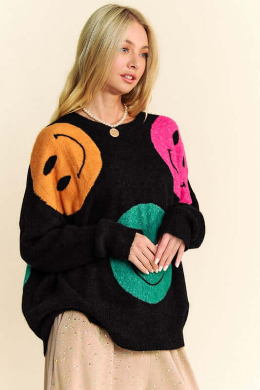 Women's Contrast Smile Round Neck Oversize Sweater with playful smile design.