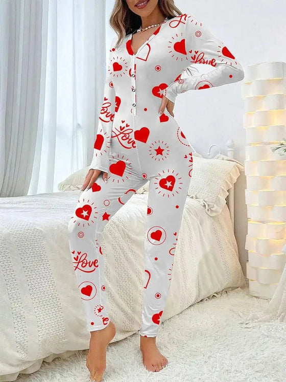 Women Jumpsuit Long Sleeve V Neck Button Closure Letters Heart Print LThe beautiful heart print and V-neck design make it a perfect choice for festive occasions. The long sleeve and button closure add a touch of comfort and conveniencePajamasPlush Fashions ShopPlush Fashion ShopNeck Button Closure Letters Heart Print Loungewear Sleepwear