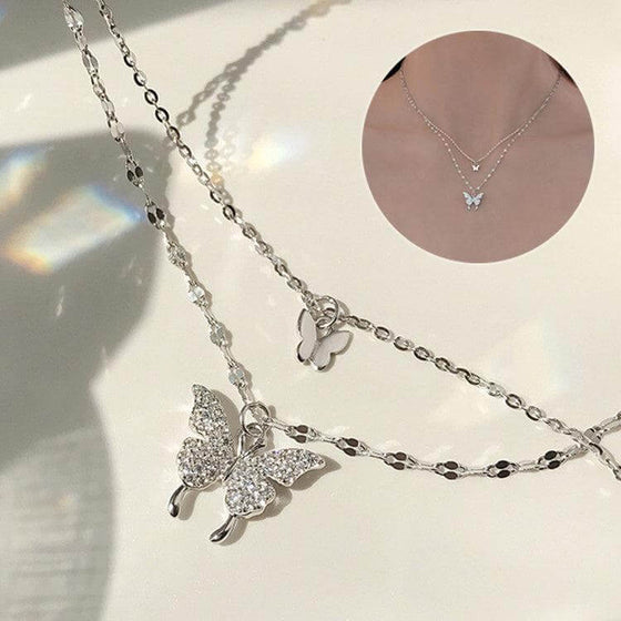 Elegant silver butterfly necklace with double layer clavicle chain jewelry gift.