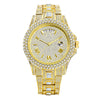 Watch Fashionable High-end Double Calendar Business Full Diamond Quartz with gold finish and diamond accents.