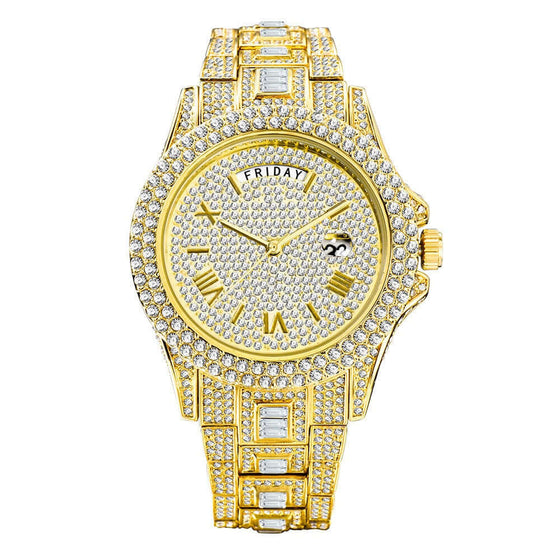 Watch Fashionable High-end Double Calendar Business Full Diamond Quartz with gold finish and diamond accents.