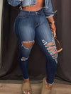 Distressed skinny jeans with pockets, showcasing unique ripped design and comfortable fit.