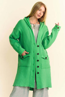  Davi & Dani green hooded cardigan with side slits and button-up front.