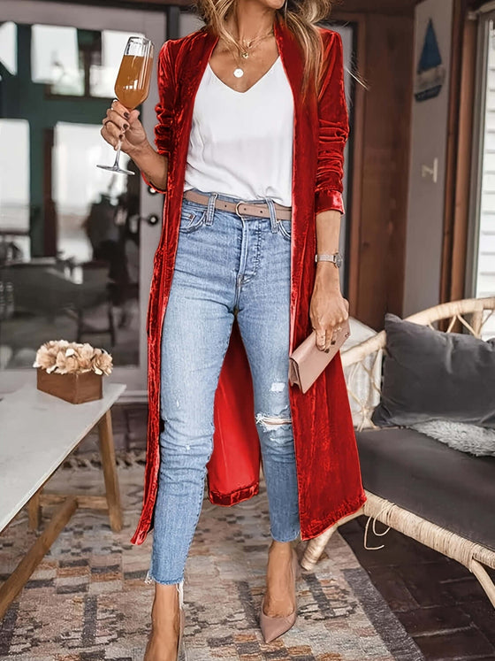 Open Front Long Sleeve Coat in red, soft polyester fabric, slit feature, styled with jeans and heels.