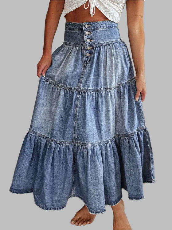 Tiered button-fly denim skirt in blue with a comfortable, stylish fit.