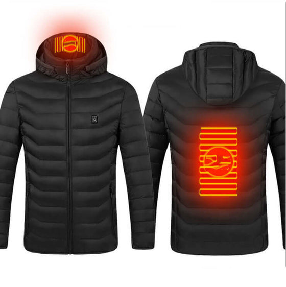 New heated coat with USB electric thermal technology showing front and back view with warming elements illuminated.