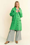 Davi & Dani side slit button up hooded cardigan in green, features a button-up front, side slits, and a hood.