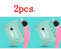 Two pink children's nasal aspirators with packaging showcasing suction power options for clear nasal passages.