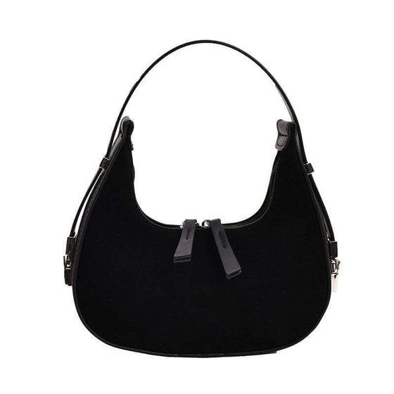 Fashion high-grade matte French minority handbag in black with shoulder strap and soft handle.