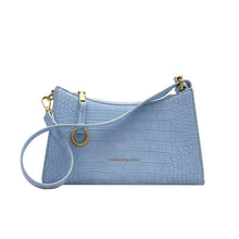  Women's Everyday fashion handbag in blue with crocodile texture and gold hardware.