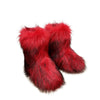 Women's red fluffy plush snow boots with imitation raccoon fur for warmth and style.