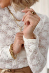 Mock Neck Long Sleeve Lace Top in white, semi-sheer lace, close-up view.