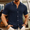 Short-sleeve summer button-up shirt for men in navy blue with a lapel collar.