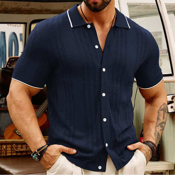 Short-sleeve summer button-up shirt for men in navy blue with a lapel collar.