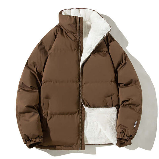 Women's brown stand-up collar winter coat with plush lining and pockets.