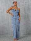 Slit Half Button Tube Denim Dress in light blue with pockets, featuring a stylish slit, perfect for fashion-forward looks.