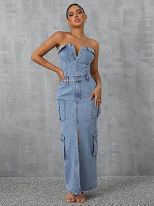  Slit Half Button Tube Denim Dress in light blue with pockets, featuring a stylish slit, perfect for fashion-forward looks.