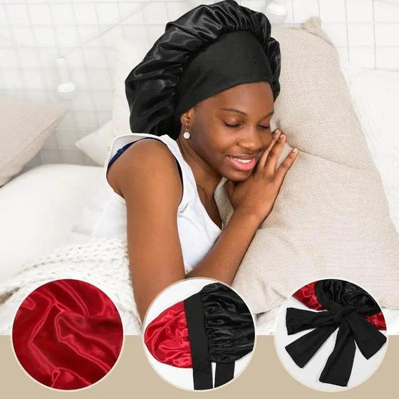 Double layered silk bonnet hair care sleeping hat with elastic tie band.