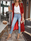 Open Front Long Sleeve Coat in red, worn with jeans and heels.