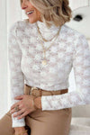 Mock Neck Long Sleeve Lace Top in white, semi-sheer, elegant design.