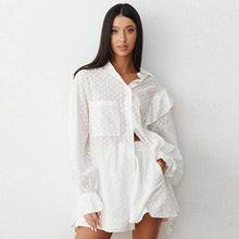  Women's white convex jacquard cotton bell sleeve hot pants suit with pockets.