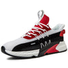 Men's lightweight walking trainers with mesh upper and PU sole in red, black, and white color.