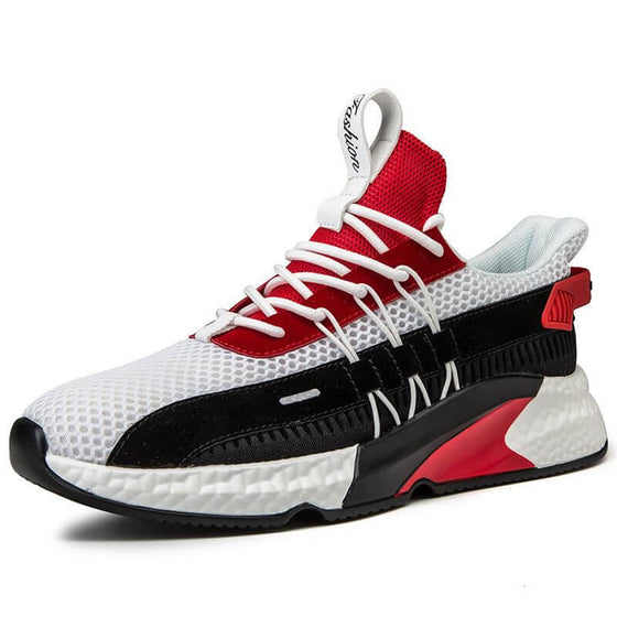 Men's lightweight walking trainers with mesh upper and PU sole in red, black, and white color.