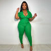 Women's green zipper jumpsuit with three-dimensional pocket design.