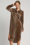 Umgee Texture Curved Hem Button Down Shirt Dress in textured fabric, brown color, buttoned, with pocket and curved hemline.