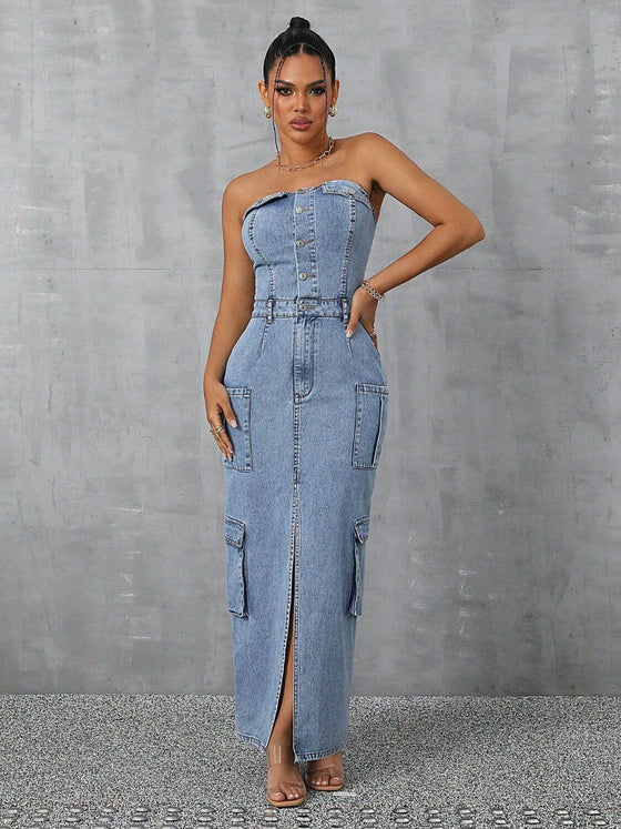 Woman in a stylish slit half button tube denim dress with pockets, perfect for a fashion-forward wardrobe.