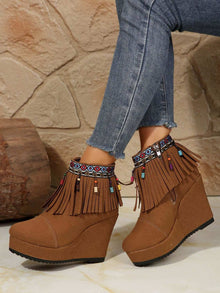  Fringe Suede Wedge Boots with colorful beaded fringe and high heel.