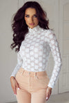 Elegant mock neck long sleeve lace top for women.