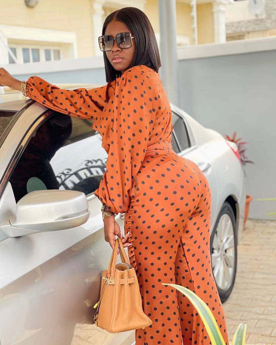 Polka Dot Printed Long-sleeved Trousers Casual Fashion Loose Shoulder Suit in vibrant orange.