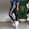 Women's PU side ribbon stitching casual trousers with high-waisted design and pocket detail.