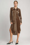 Umgee Texture Curved Hem Button Down Shirt Dress in brown, textured fabric, long sleeves, pocketed, button closure, curved hemline.