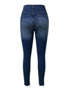 Distressed skinny jeans with pockets, moderate stretch, cotton-polyester blend.