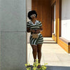 Polo collar short sleeve striped contrast color fit sheath skirt outfit.