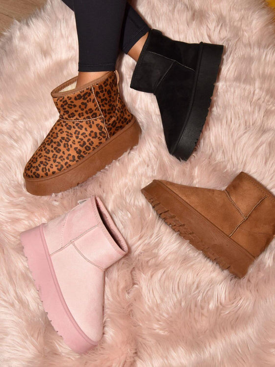 WILD DIVA Thermal Furry Leopard Platform Booties on plush surface, showcasing trendy design and comfort.