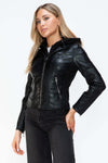 Snobbish faux leather zip up drawstring hooded jacket with long sleeves.