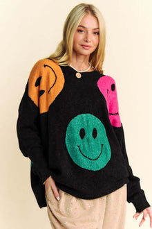  Women's Contrast Smile Round Neck Oversize Sweater with colorful smiley design.