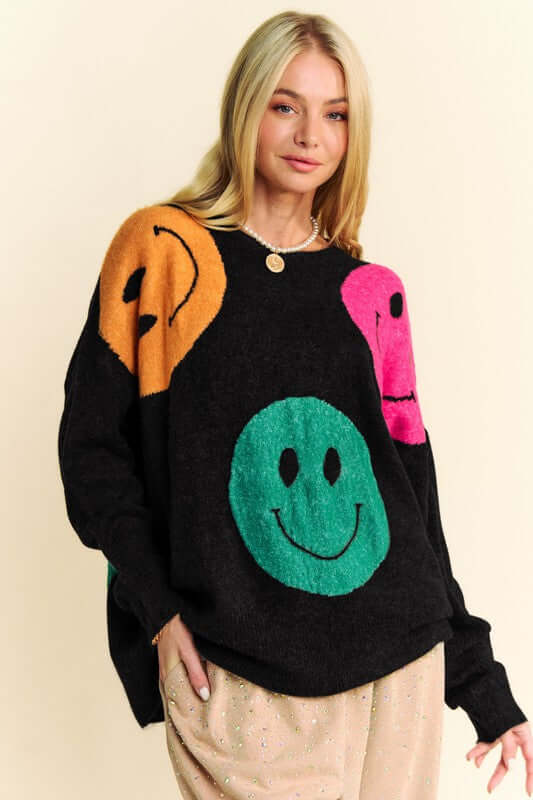 Women's Contrast Smile Round Neck Oversize Sweater with colorful smiley design.