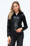 Snobbish Leather Zip Up Drawstring Hooded Jacket in black faux leather with front zipper and drawstring hood.