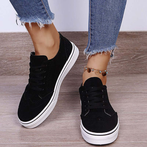 Lace-Up Suedette Flat Sneakers For WomenThese Lace-Up Suedette Flat Sneakers are the perfect combination of style and comfort. Made with elastomer and suede materials, they provide a snug and durable fit. Plush Fashion ShopPlush Fashion ShopSuedette Flat Sneakers