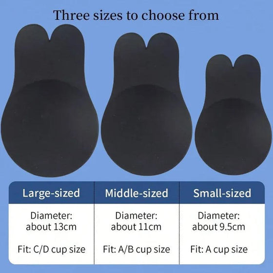 Three sizes of reusable breast lift tape, silicone adhesive push-up bra with rabbit ear design, large to small.