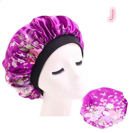 Beauty print Satin silk Bonnet sleep night cap in vibrant purple with floral design.